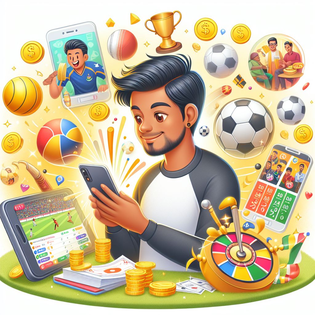 Cartoon Bangladeshi bettor using a mobile app with sports and casino icons