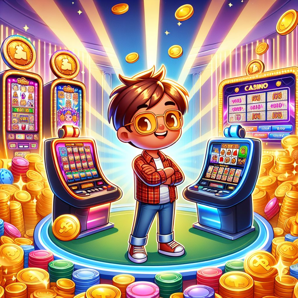 Cartoon character in a vibrant online casino surrounded by slots and chips