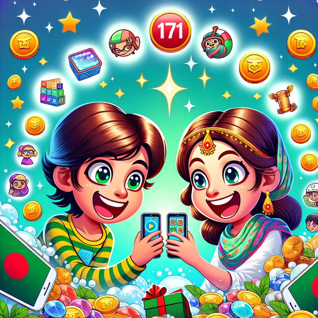 1971BD cartoon gamer characters enjoying mobile games with rewards and badges