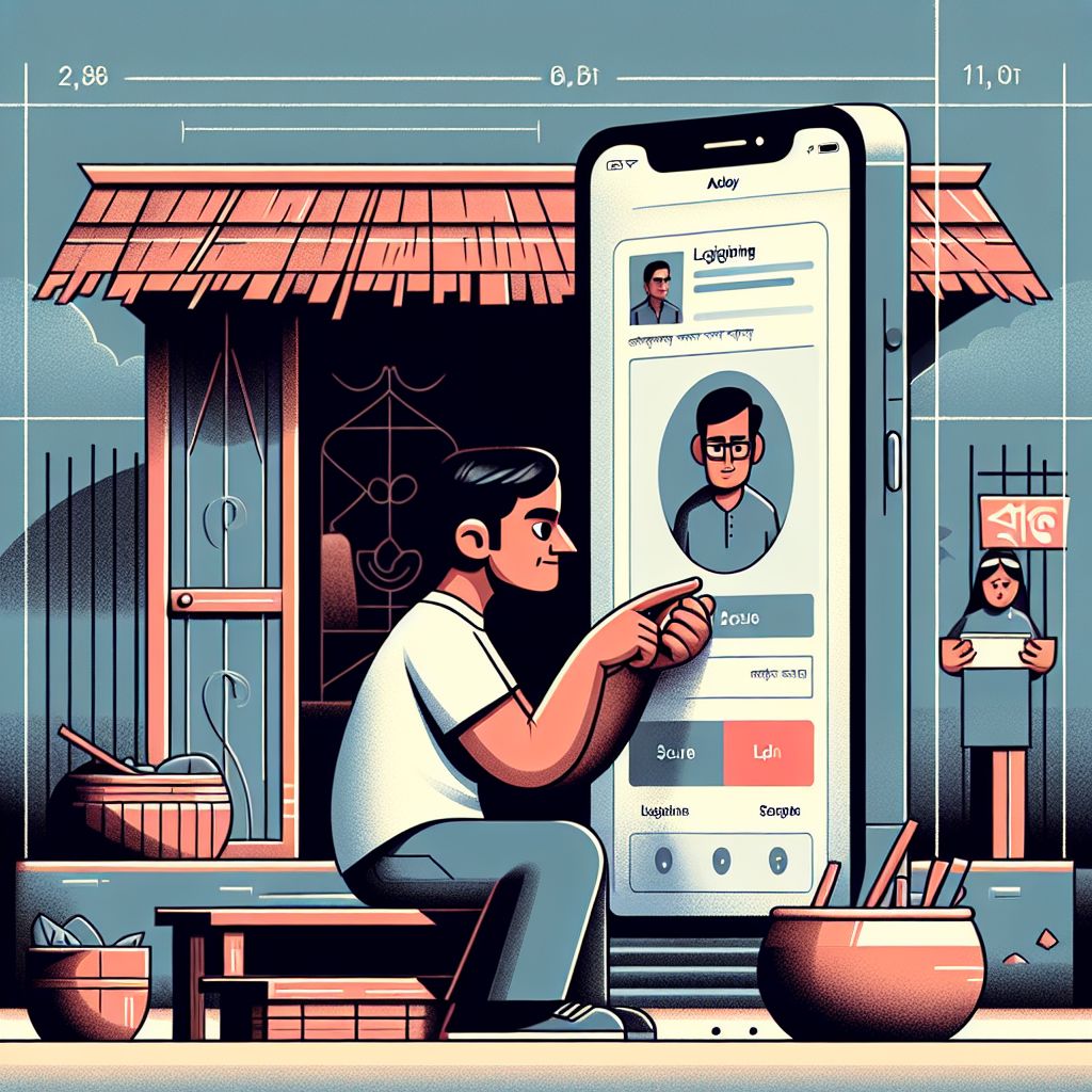 Cartoon character securely logging into an app on a smartphone with Bangladeshi elements