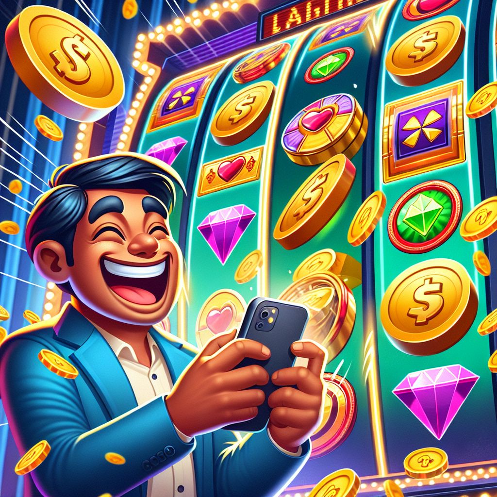Cartoon Bangladeshi gamer spinning colorful online slot reels with coins and bonus symbols